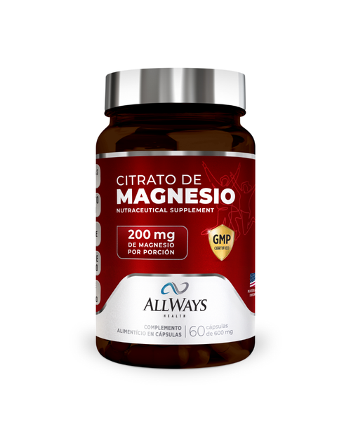 Frasco de Citrato de Magnesio de Always Health para función muscular sobre fondo blanco.