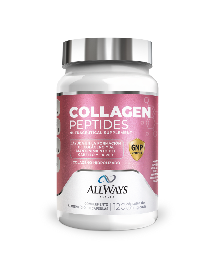 Frasco de Collagen Peptides de Always Health con Biotina, Zinc y Vitaminas sobre fondo blanco.