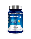 Frasco de Omega 3 1000mg con certificado MEG-3 de Always Health sobre fondo blanco.