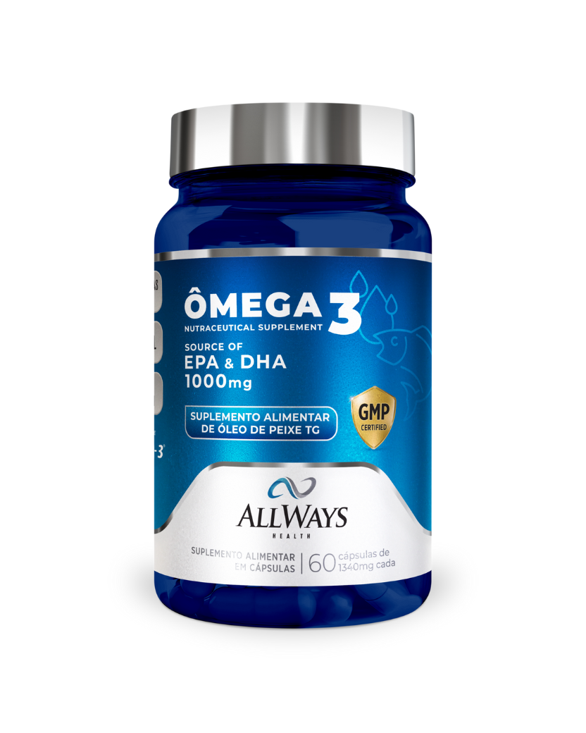 Frasco de Omega 3 1000mg con EPA y DHA de Always Health sobre fondo blanco.