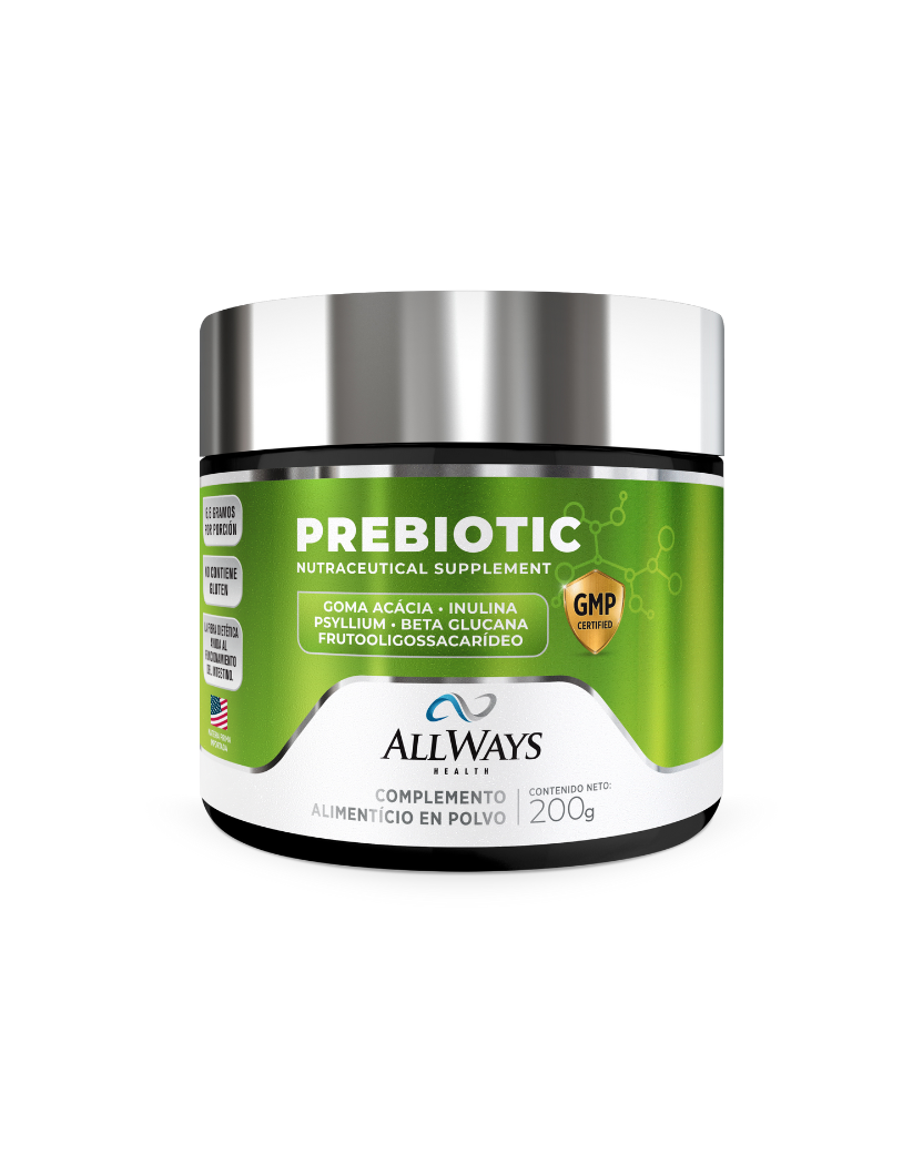 Envase de Prebiotic con 5 fibras para salud intestinal de Always Health sobre fondo blanco.