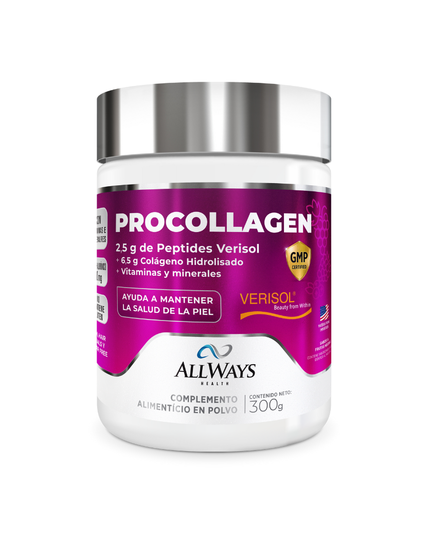 Envase de Procollagen sabor frutas negras con Verisol y vitaminas de Always Health sobre fondo blanco.