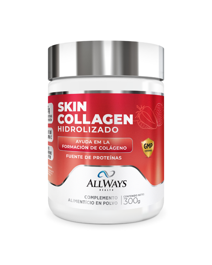 Envase de Skin Collagen sabor fresa con colágeno hidrolizado de Always Health sobre fondo blanco.