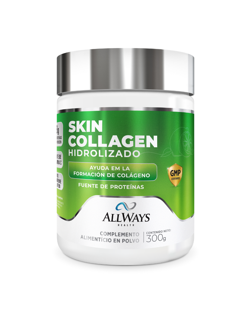 Envase de Skin Collagen sabor limón con péptidos de colágeno de Always Health sobre fondo blanco.
