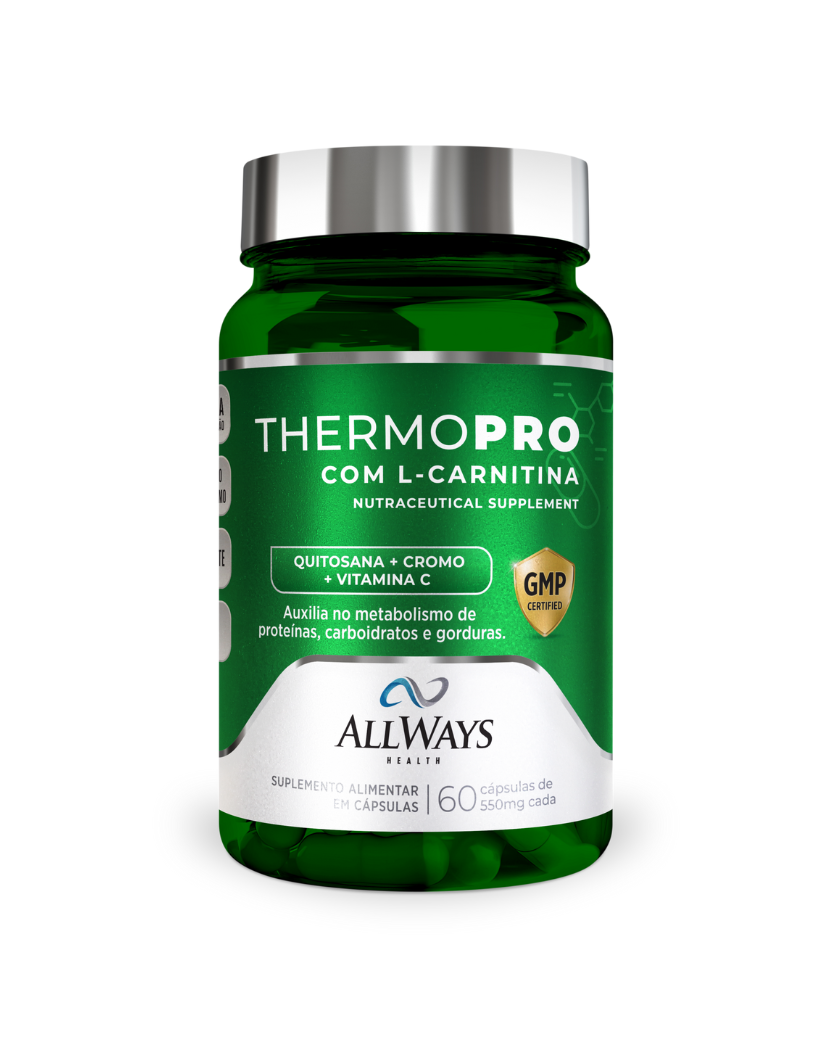 Frasco de ThermoPro con L-Carnitina para metabolismo energético de Always Health sobre fondo blanco.