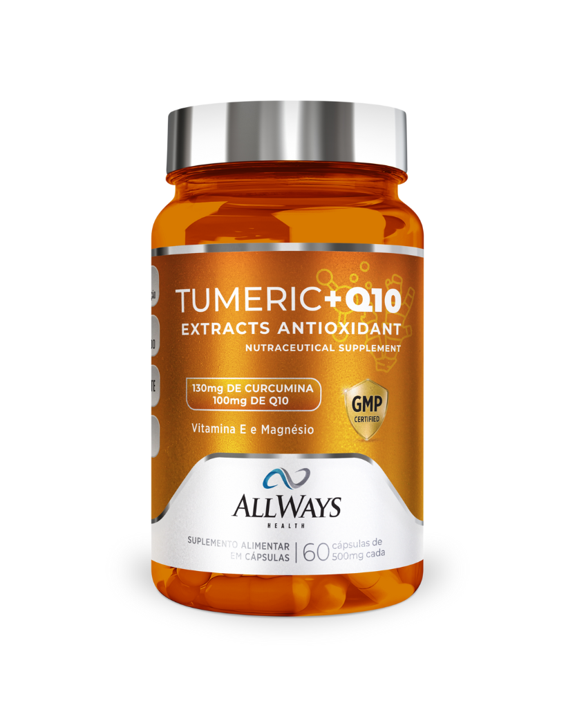 Frasco de Tumeric + Q10 con extracto de cúrcuma de Always Health sobre fondo blanco.