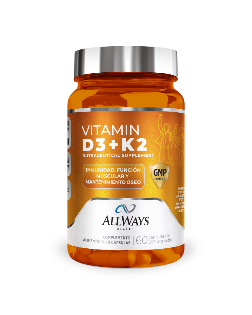 Frasco de Vitamina D3 y K2 MK7 con TCM de Always Health sobre fondo blanco.