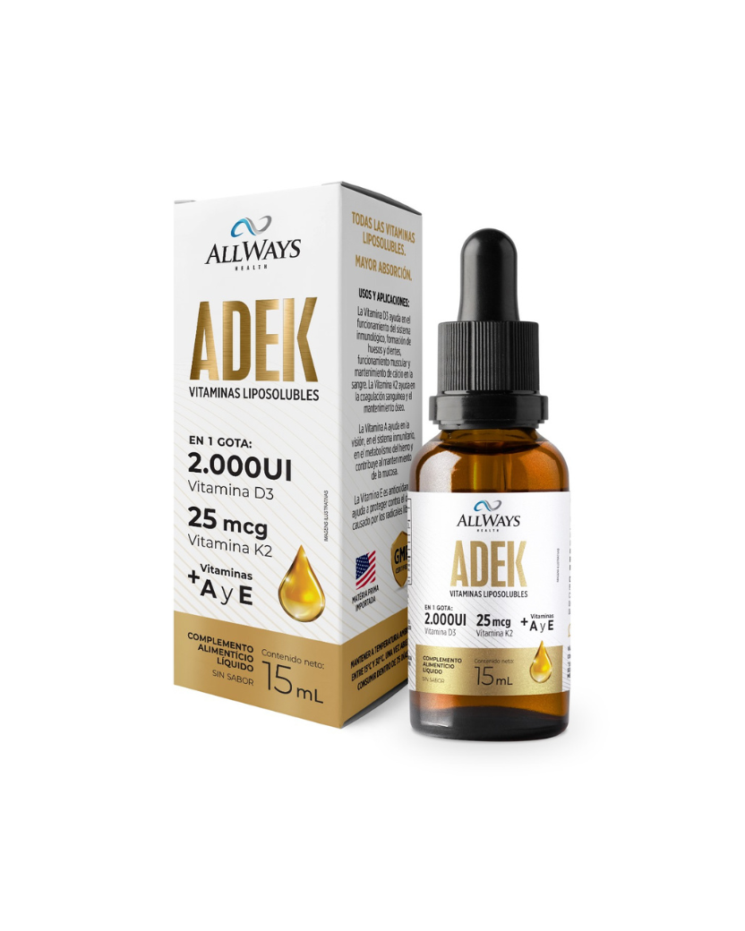 Frasco de complejo vitamínico liposoluble ADEK de Always Health sobre fondo blanco.