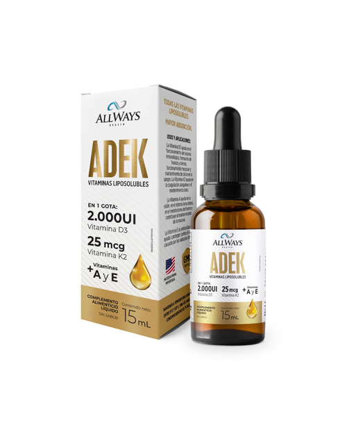 Frasco de complejo vitamínico liposoluble ADEK de Always Health sobre fondo blanco.