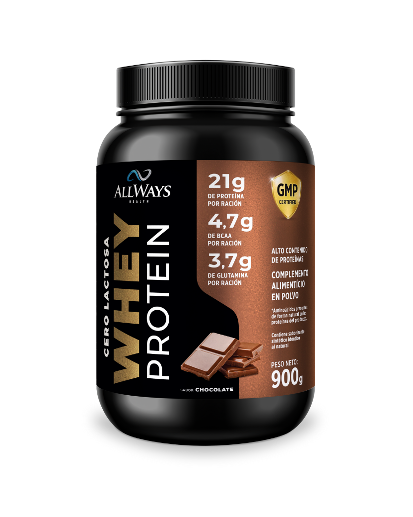 Bote de Whey Protein Cero Lactosa sabor chocolate 900g de Always Health sobre fondo blanco.