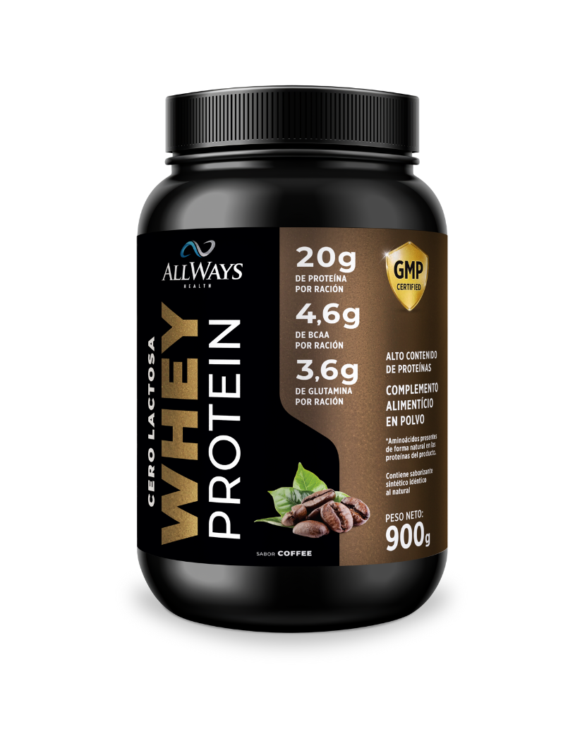 Bote de Whey Protein Cero Lactosa sabor café 900g de Always Health sobre fondo blanco.