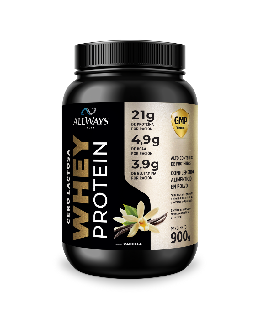 Bote de Whey Protein Cero Lactosa sabor vainilla 900g de Always Health sobre fondo blanco.
