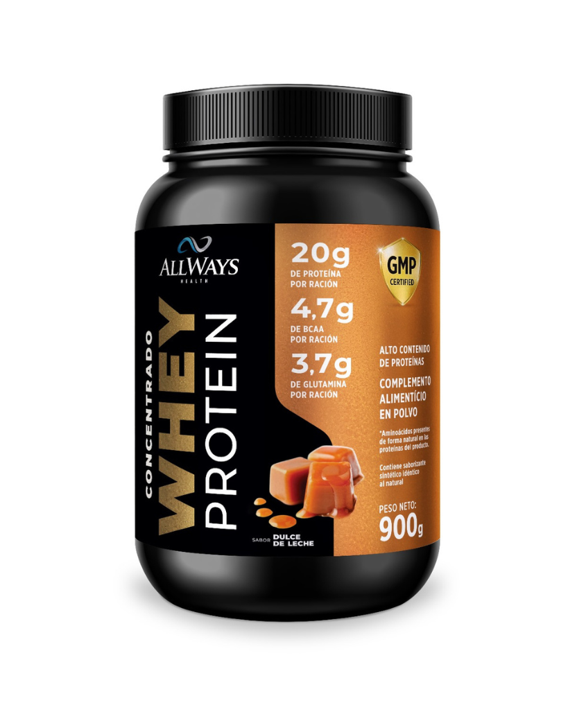 Bote de Whey Protein sabor dulce de leche 900g de Always Health sobre fondo blanco.